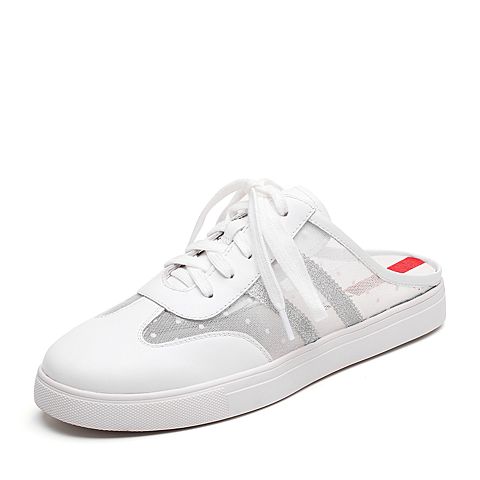 Teenmix/天美意夏专柜同款白/银色撞色平跟小白鞋后空女凉鞋6W734BH8