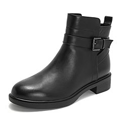 Teenmix/天美意2018冬商场同款黑色牛皮革皮带扣方跟女短靴(绒里)CBE49DD8