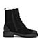 Teenmix/天美意冬商场同款黑色剖层牛皮革舒适方跟马丁靴女短靴（绒里）CF160DZ8