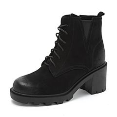 Teenmix/天美意2018冬专柜同款黑色磨砂牛皮革粗高跟马丁靴女短靴CFE40DD8
