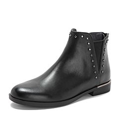 Teenmix/天美意2018冬专柜同款黑色打蜡牛皮革方跟切尔西靴女短靴CBQ42DD8