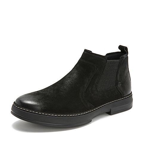 Teenmix/天美意冬商场同款黑色磨砂牛皮革/纺织品平跟男休闲靴BXF02DD8