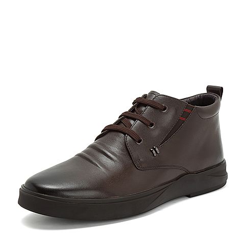 Teenmix/天美意冬商场同款棕色软面牛皮革褶皱舒适平跟男低靴BMT05DD8