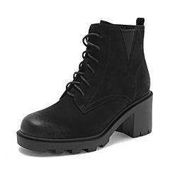 Teenmix/天美意2018冬专柜同款黑色磨砂牛皮革粗高跟马丁靴女短靴(绒里)CFE40DD8