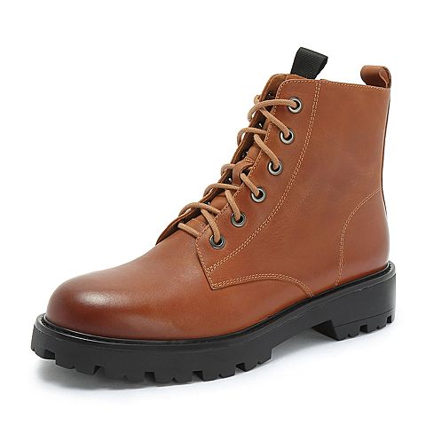 Teenmix/天美意冬棕色牛皮革舒适方跟马丁靴女短靴CG940DD8