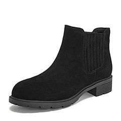 Teenmix/天美意2018冬商场同款黑色牛剖层皮革方跟切尔西靴女短靴(绒里)AS381DD8