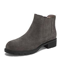 Teenmix/天美意2018冬商场同款灰色牛剖层皮革方跟切尔西靴女短靴(绒里)AS381DD8