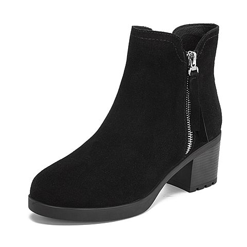 Teenmix/天美意冬商场同款黑绒里英伦通勤风时装短靴女粗高跟皮靴AS421DD8