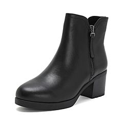 Teenmix/天美意2018冬商场同款黑色牛剖层皮革通勤风粗高跟女短靴AS421DD8