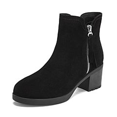 Teenmix/天美意冬商场同款黑色英伦通勤风时装短靴女粗高跟皮靴AS421DD8