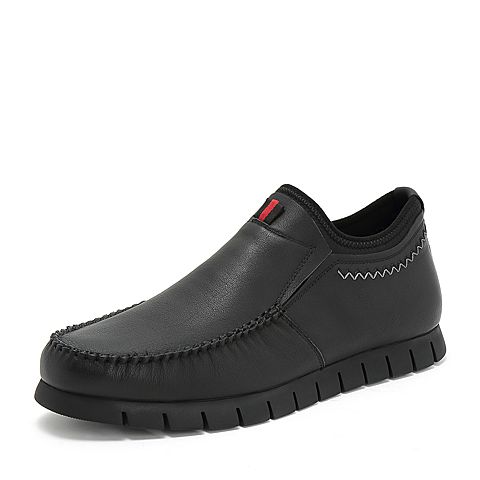 Teenmix/天美意冬商场同款黑色牛皮革舒适平跟男休闲靴2KG01DD8