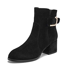 Teenmix/天美意2018冬商场同款黑色羊绒皮革通勤风粗跟女短靴AS801DD8