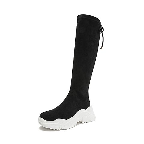 Teenmix/天美意冬商场同款黑色纺织品厚底高筒休闲靴女长靴AT051DG8