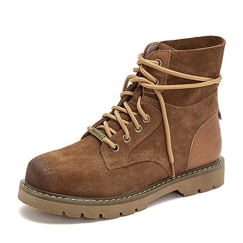 Teenmix/天美意冬商场同款棕色牛剖层皮革休闲风方跟马丁靴女短靴AT131DD8
