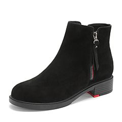 Teenmix/天美意2018冬商场同款黑色牛剖层革舒适方跟女短靴AT031DD8