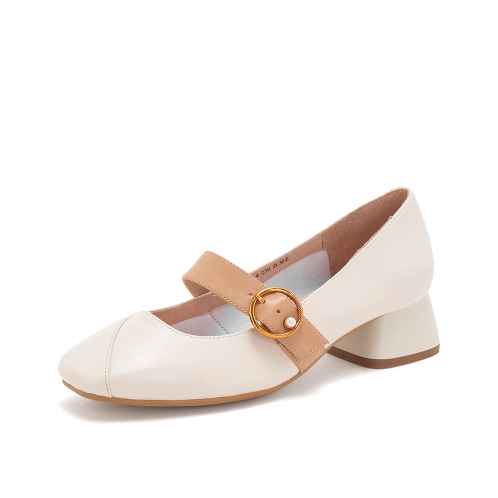 teenmix/天美意2019春新款商场同款米白简约绵羊皮革女皮鞋cad14aq9