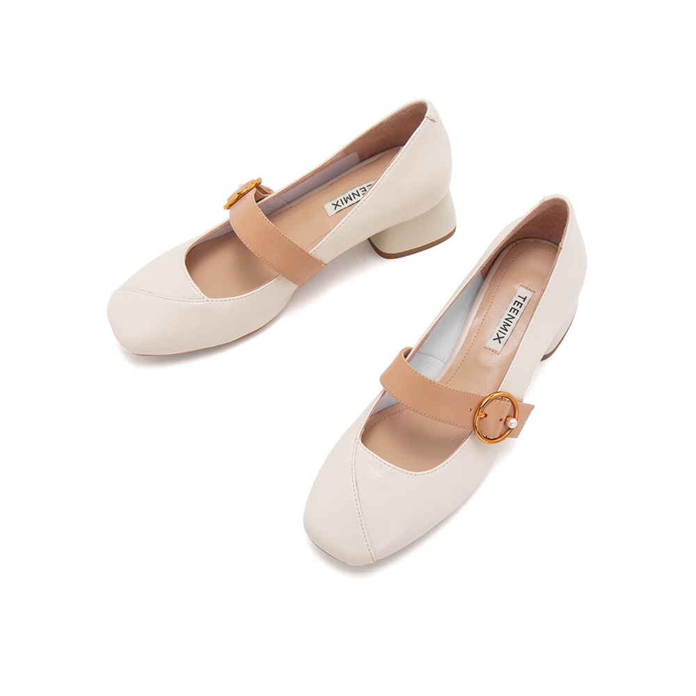 teenmix/天美意2019春新款商场同款米白简约绵羊皮革女皮鞋cad14aq9