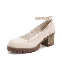 Teenmix/天美意2019春新品商场同款米白色牛皮革女皮鞋CHQ01AQ9