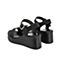 Teenmix/天美意夏新款商场同款黑色一字带坡跟女皮凉鞋AT651BL9