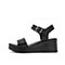 Teenmix/天美意夏新款商场同款黑色一字带坡跟女皮凉鞋AT661BL9