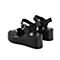 Teenmix/天美意夏新款商场同款黑色一字带坡跟女皮凉鞋AT661BL9
