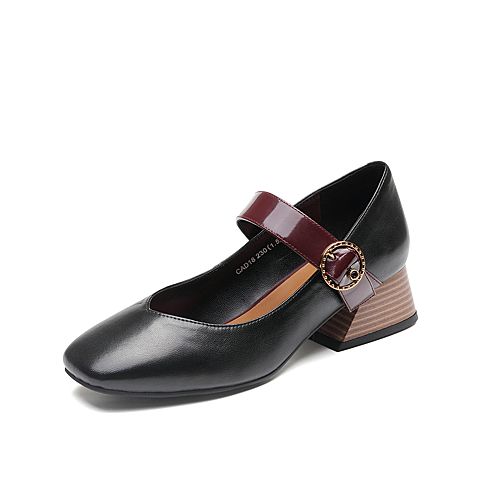 Teenmix/天美意秋新款商场同款玛丽珍系带黑色女中跟鞋CAD18CQ9