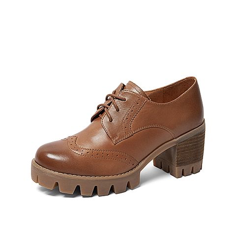 Teenmix/天美意秋新款商场同款棕色绑带布洛克女皮鞋6E829CM9