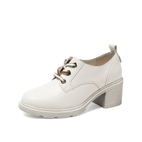 Teenmix/天美意秋新款白色英伦风粗高跟绒面系带女皮单鞋S1805CM9