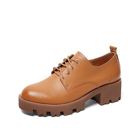 Teenmix/天美意秋新款商场同款棕色英伦风粗跟系带女皮单鞋AU561CM9