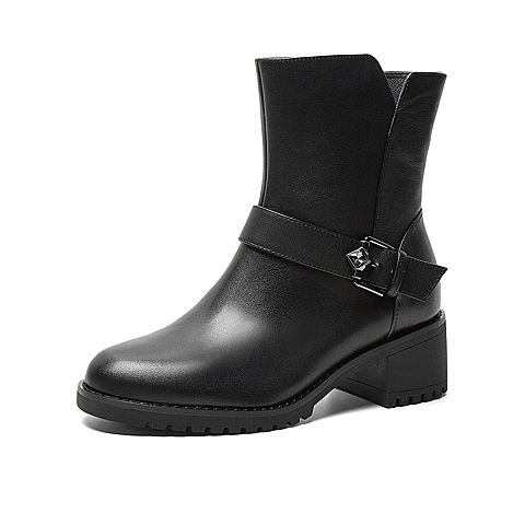 Teenmix/天美意冬新款商场同款黑色/皮面舒适金属扣拉链皮靴方跟女中靴COK61DZ9