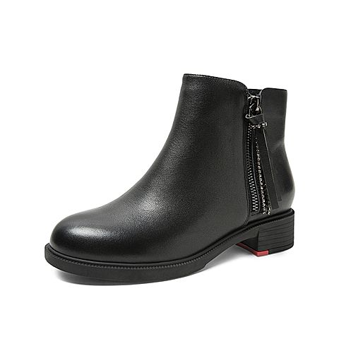 Teenmix/天美意冬新款商场同款黑色/皮面（绒里）短靴女方跟皮靴踝靴AV151DD9