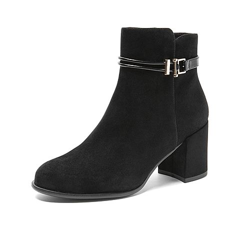 Teenmix/天美意冬新款商场同款黑色羊皮革短靴女粗高跟拉链皮靴CGH45DD9