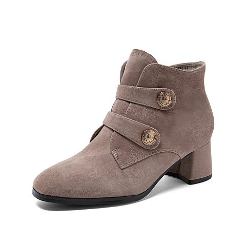 Teenmix/天美意冬新款商场同款灰色羊绒皮革短靴女粗高跟时装靴CO741DD9