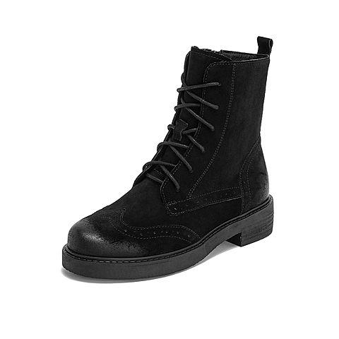 Teenmix/天美意冬新款黑毛里剖层牛皮革舒适方跟马丁靴女中靴CF161DZ9