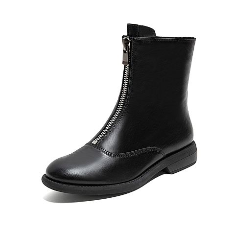 Teenmix/天美意冬新款商场同款黑绒里时尚前拉链方跟牛皮革中靴女皮靴AV721DZ9