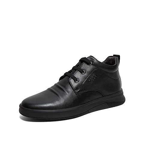 Teenmix/天美意冬新款商场同款黑色单里褶皱鞋面软面牛皮革男休闲鞋低靴CQF01DD9