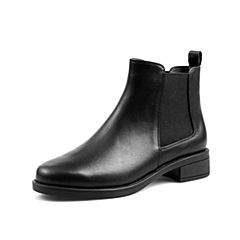 Teenmix/天美意2019冬新款商场同款黑色英伦风方跟牛皮革切尔西靴女皮靴AV881DD9