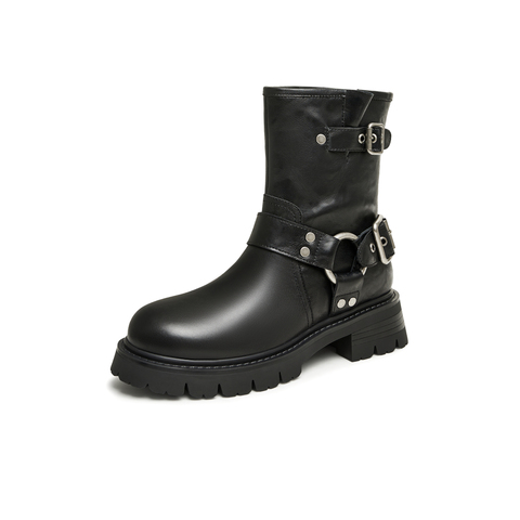 天美意2023冬新款潮酷机车风马丁靴简约时尚女中筒靴NQX25DZ3