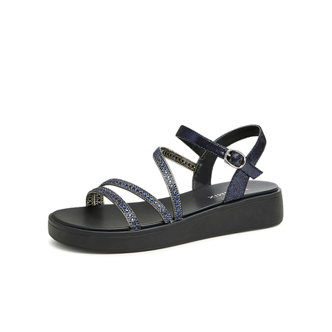 天美意2023夏新款商场同款条带时尚坡跟闪钻罗马女凉鞋CTF14BL3