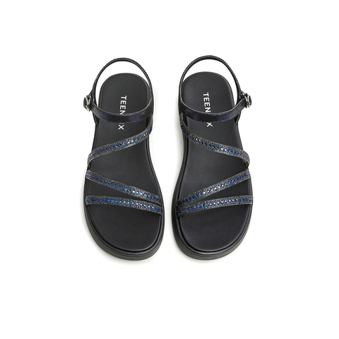 天美意2023夏新款商场同款条带时尚坡跟闪钻罗马女凉鞋CTF14BL3