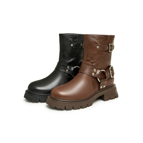 天美意2023冬新款潮酷机车风马丁靴简约时尚女中筒靴NQX25DZ3