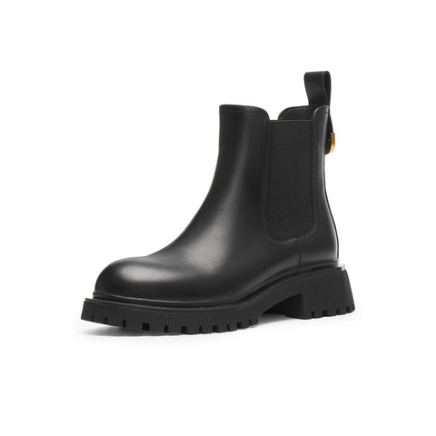 天美意2023冬复古英伦粗跟切尔西靴气质通勤女皮短靴NQX01DD3