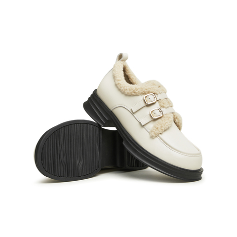 天美意2024春新款商场同款保暖英伦风皮鞋毛毛鞋女单鞋BI071AM4