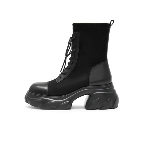 天美意2024冬新款商场同款粗跟增高系带休闲短靴女弹力靴BJ851DD4