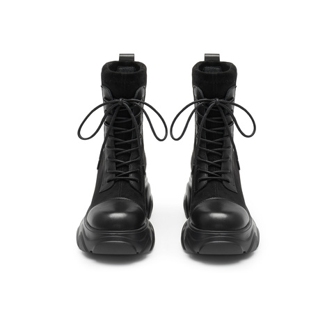 天美意2024冬新款商场同款粗跟增高系带休闲短靴女弹力靴BJ851DD4