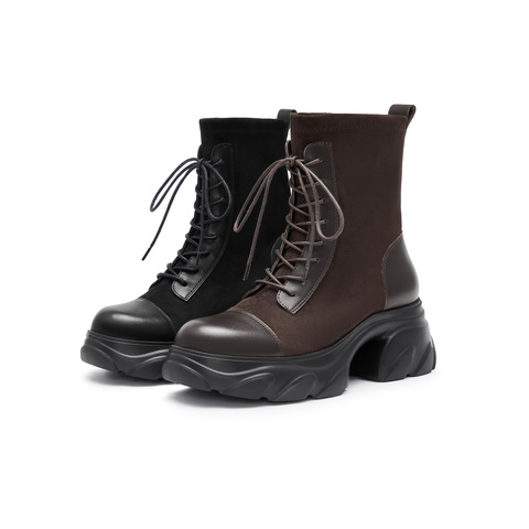 天美意2024冬新款商场同款粗跟增高系带休闲短靴女弹力靴BJ851DD4