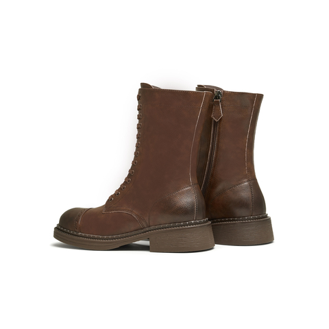 天美意2024冬新款美拉德西部靴系带短筒靴复古女骑士靴KQZ02DZ4