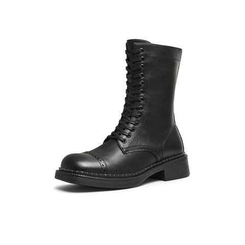 天美意2024冬新款美拉德西部靴系带短筒靴复古女骑士靴KQZ02DZ4