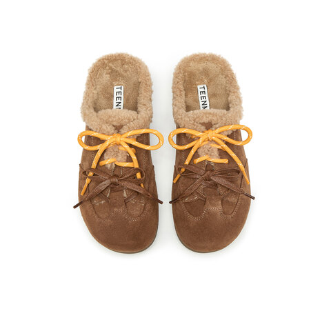 天美意2024冬新款前包后空单鞋毛绒保暖半拖女毛毛单鞋KMZ15DH4