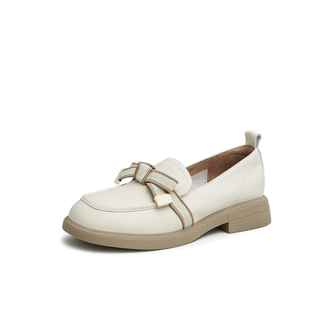 天美意2024秋新款乐福鞋老花蝴蝶结气质女皮单鞋AG008CA4